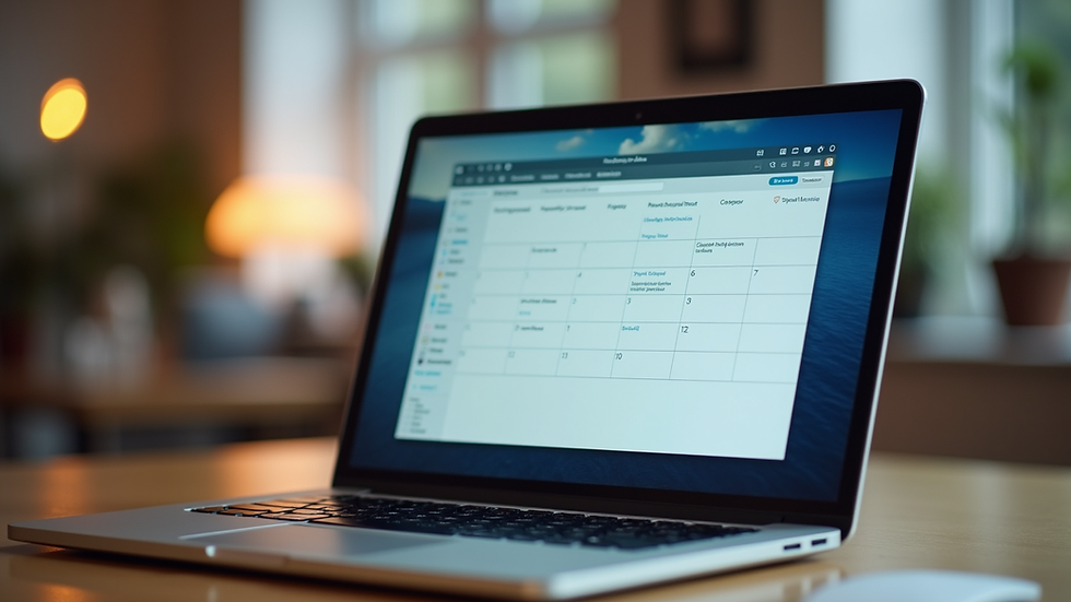 Eye-level view of a laptop screen displaying a content calendar