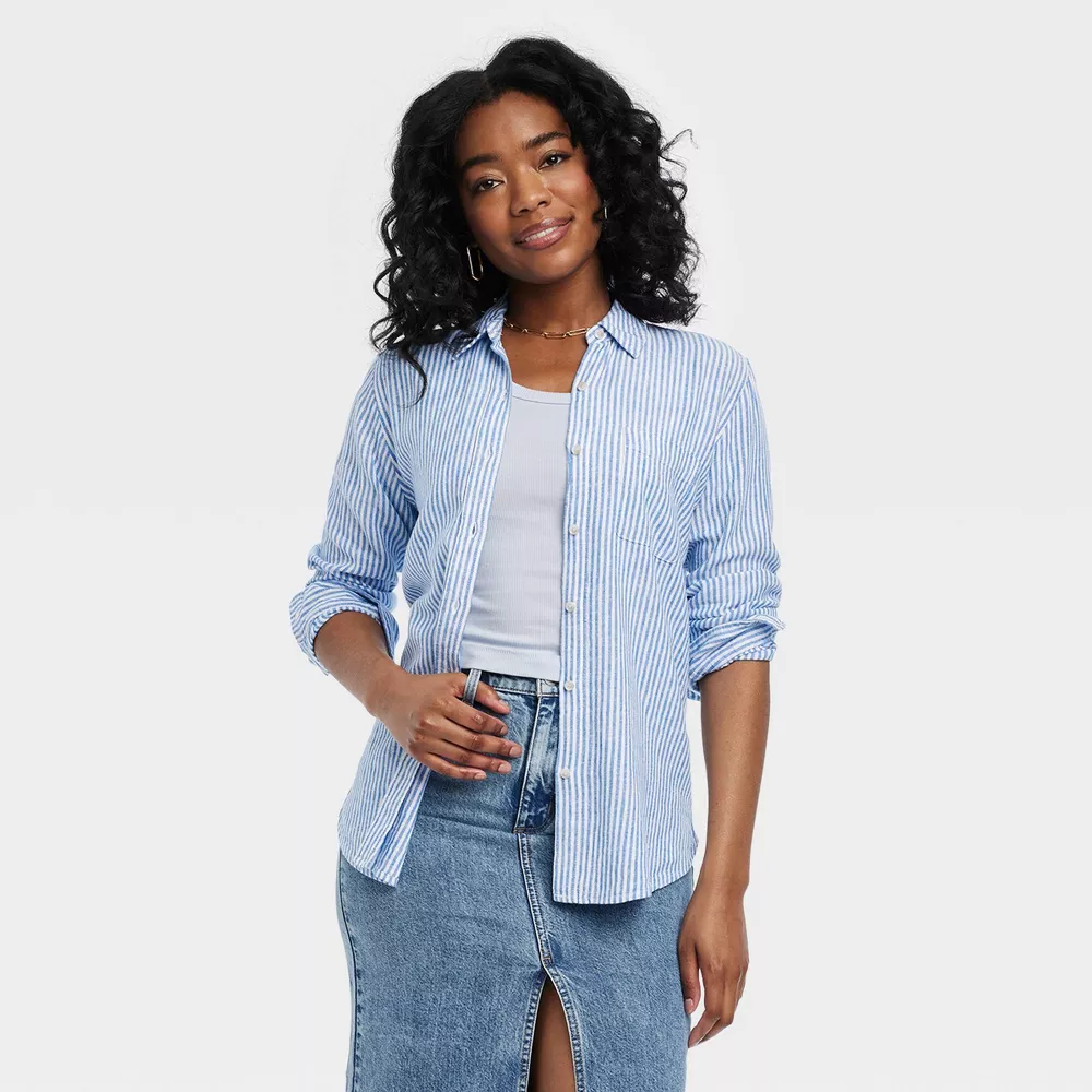 Women's Linen Long Sleeve Collared Button-Down Shirt - Target
