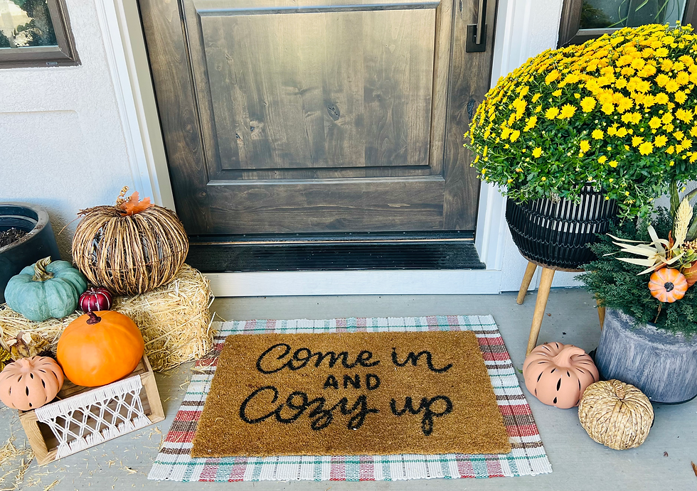 Randi's Front Porch This Fall Mums Pumpkins Cozy Welcome Mat Door Mat Hay Bale