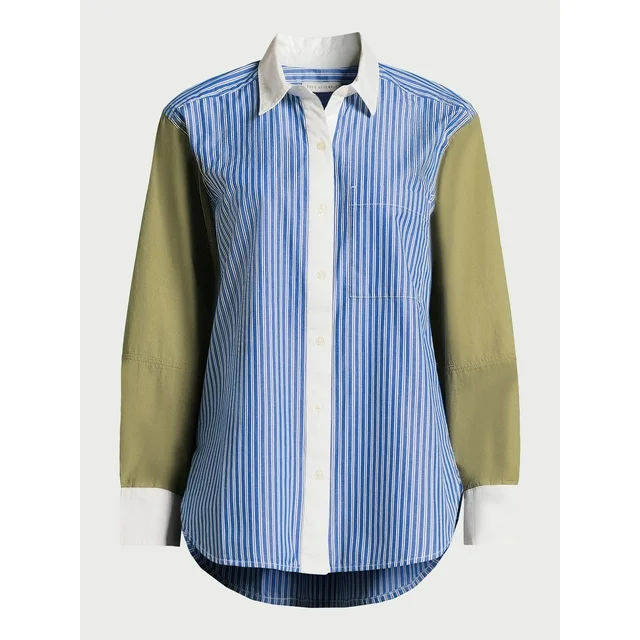 Free Assembly Women's Button Front Boxy Tunic Shirt with Long Sleeves, Sizes XS-XXL
