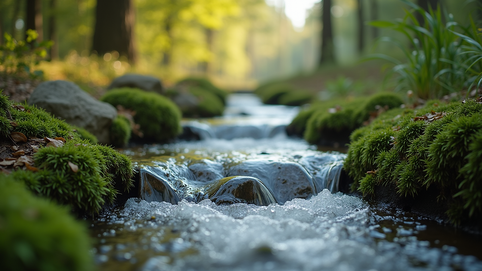 Close-up view of a serene nature scene with a flowing stream