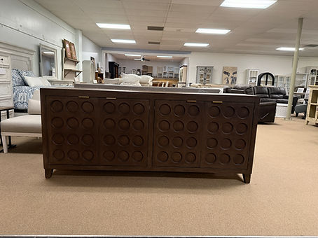 Rustic Chocolate Console with Engraved Circles on Doors with Metal Handles
