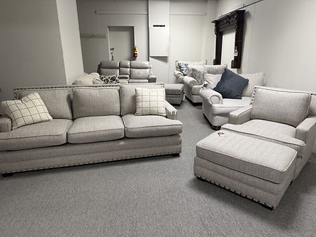 Universal Gray Sofa and Chair 1/2 with Ottoman Brass Colored Nail Heads