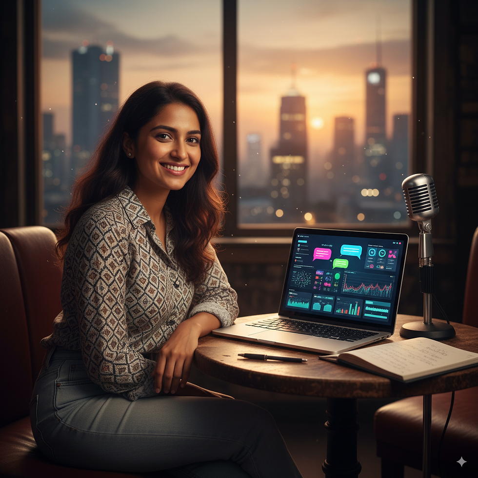 Stand-up comedian Sarah Chen working as AI conversational trainer in Mumbai