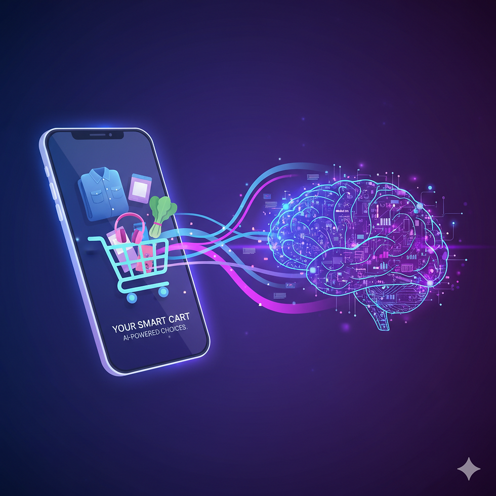 E-commerce AI concept illustration showing smartphone with shopping cart connected to artificial intelligence neural network with glowing blue and purple data streams