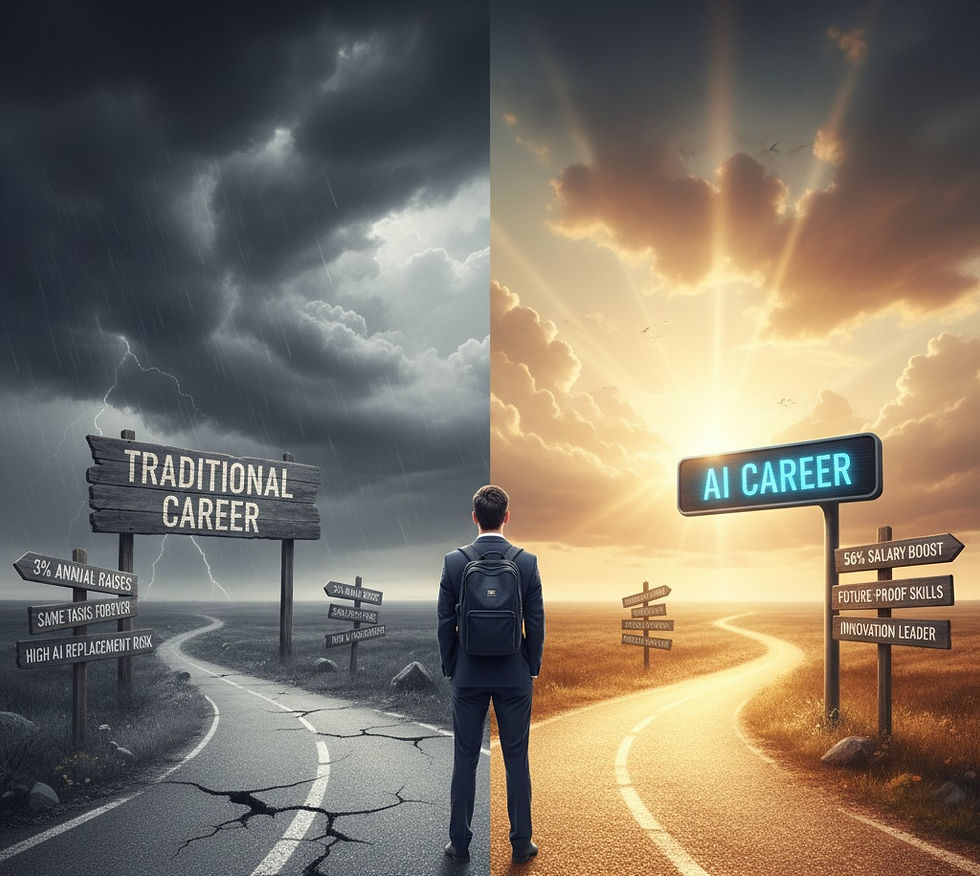 Two paths diverging meme showing career choice between traditional stagnant path versus AI-enhanced future success
