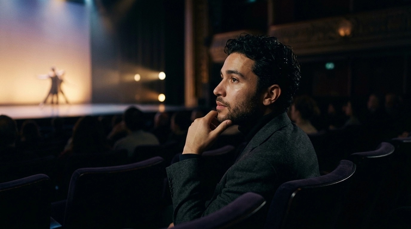 Marcus at the Theatre seeing a live performance. He's finding inspiration from the Arts, not the Artificial.