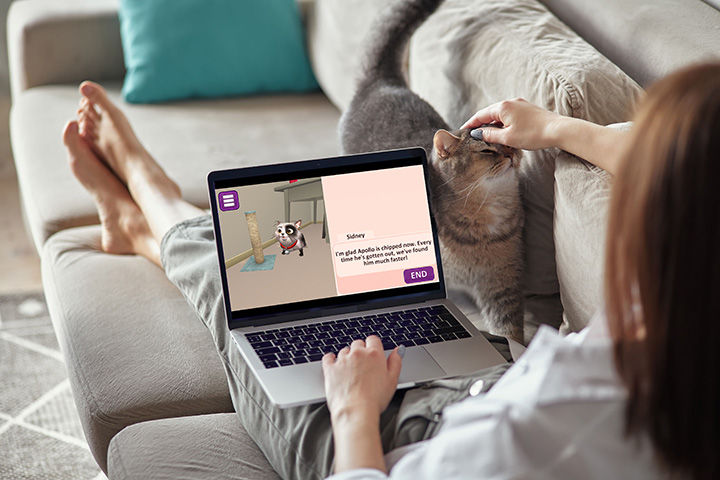 A lady playing Cat Angels Triumph while petting her cat