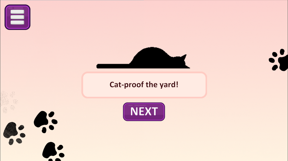 Cat Angels Triumph game screen showing a cat silhouette with the instruction Cat-proof the yard and a Next button