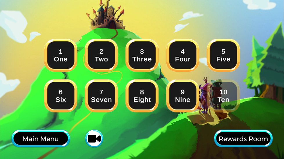 Wizard World of Numbers game level selection screen showing ten numbered buttons from One to Ten arranged on an animated magical green hillside, with wizard characters visible, a Main Menu button and a Rewards Room button, set against a sunny fantasy landscape