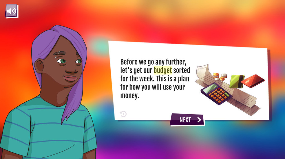 tand Tall life simulation game screen showing the friendly purple-haired character alongside a dialogue box reading Before we go any further, let's get our budget sorted for the week, this is a plan for how you will use your money, with an illustration of a calculator and coins