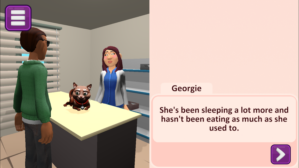 Cat Angels Triumph game screen showing two animated characters with cat Juice on a vet examination table, with Georgie saying she has been sleeping a lot more and hasn't been eating as much as she used to