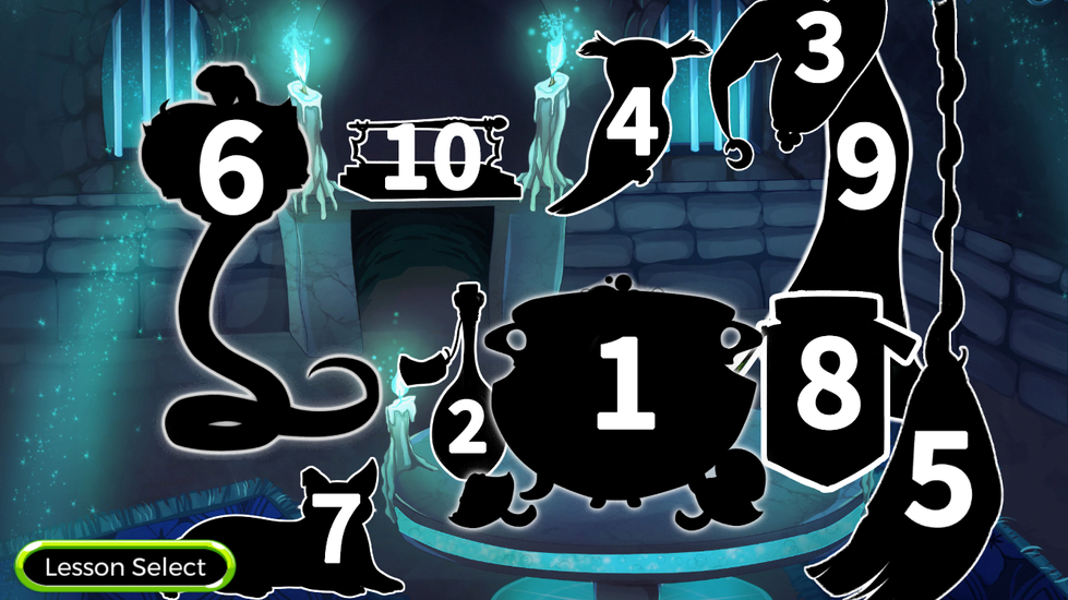 Lesson Select screen with numbered black silhouettes in a spooky blue stone chamber lit by candles