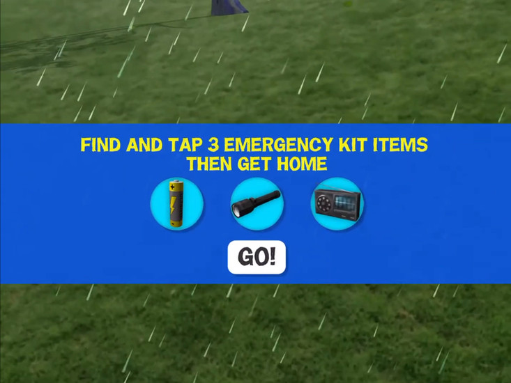 What's the Plan Stan game instruction screen showing three emergency kit items to find, with the message Find and Tap 3 Emergency Kit Items Then Get Home