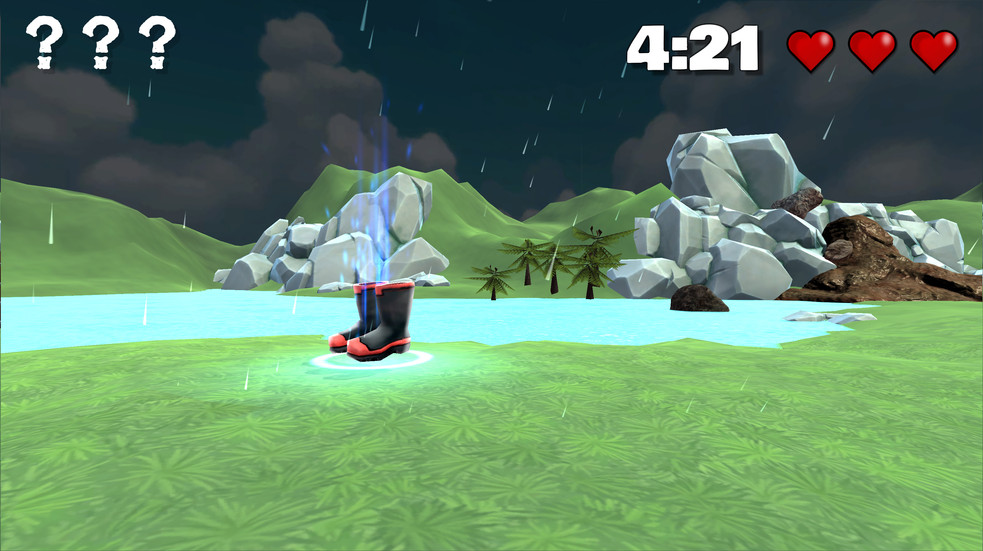 What's the Plan Stan game screenshot showing a flooded landscape in heavy rain with a pair of gumboots as a collectible item
