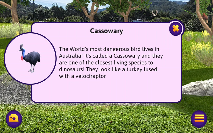 AR game fact card about the Cassowary, describing it as the world's most dangerous bird and one of t