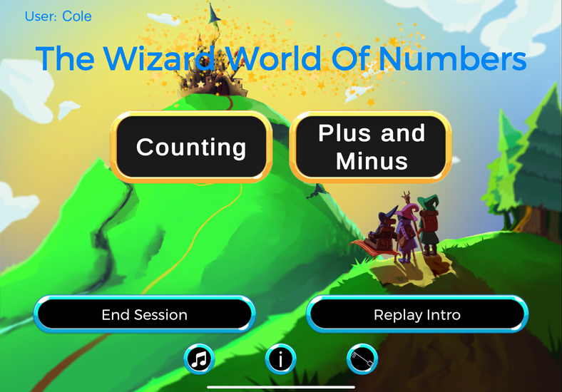 Wizard World of Numbers main menu screen showing Counting and Plus and Minus game mode options on a magical green hillside with wizard characters