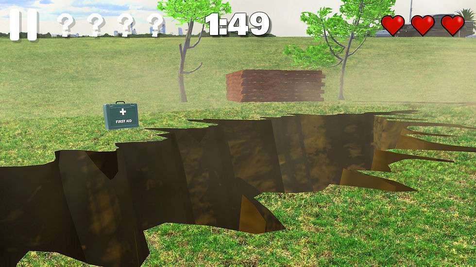 What's the Plan Stan game screenshot showing a large earthquake fissure in a park with a first aid kit collectible on the grass and 1:49 on a timer