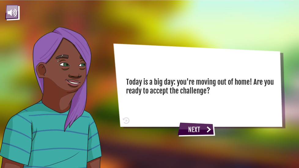 Stand Tall life simulation game opening screen showing the friendly purple-haired character alongside a dialogue box reading Today is a big day, you're moving out of home, ready to accept the challenge, setting up the game's financial independence storyline