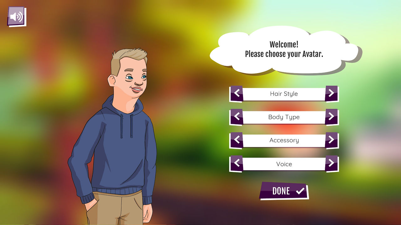 Stand Tall game avatar creation screen showing a young male character with options to customise hair style, body type, accessory and voice