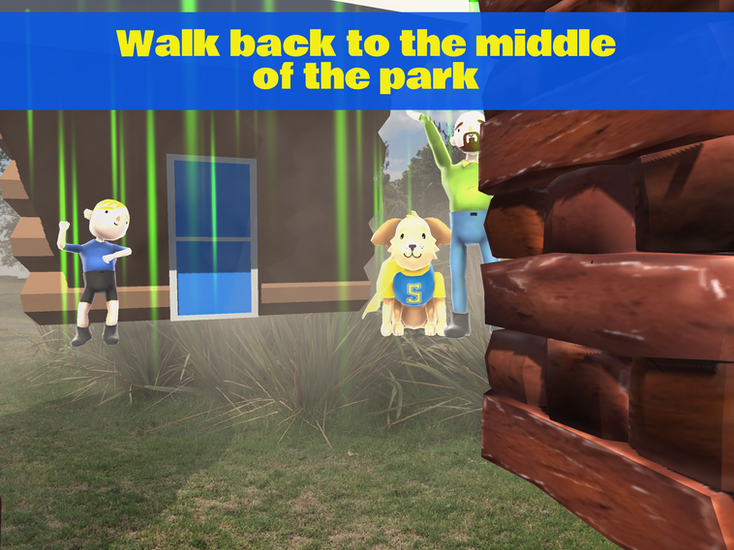 What's the Plan Stan game screenshot showing Stan the dog character in a park with the instruction Walk back to the middle of the park