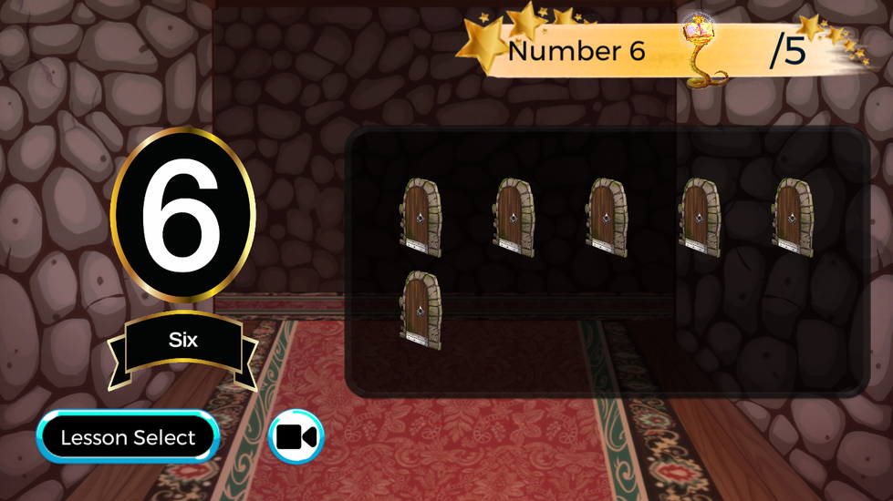 Wizard World of Numbers game screen for Number 6 showing six arched doorways in a magical stone castle hallway with a large number 6 badge