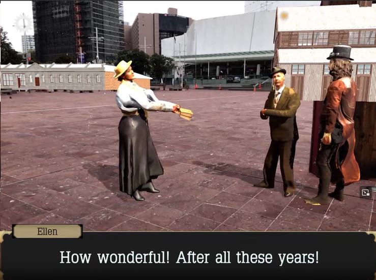 AR game screen showing three animated early 1900s characters reuniting in a city square, with the dialogue How wonderful! After all these years