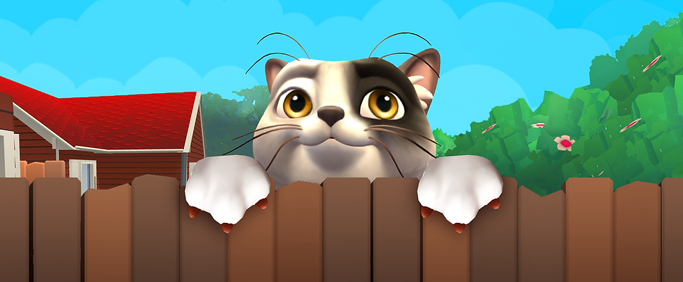 3D cat peeks over a wooden fence in a sunny yard, with a red-roof house, green trees, and blue sky behind it.