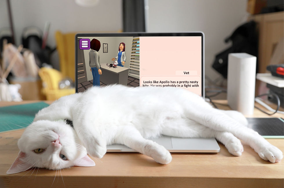 White cat sprawls on a laptop in a home office, while a vet character on a laptop screen says 'Apollo has a pretty nasty bite.'