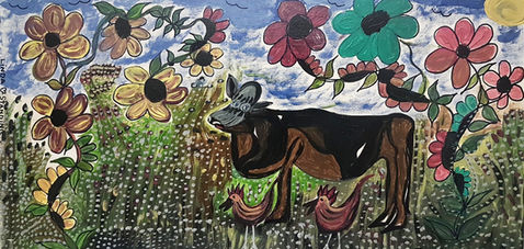 Linda Standing folk artist painter, brown black cow standing in a flower and grass field, big petalled flowers, two brown hens under cow, farm life, nature