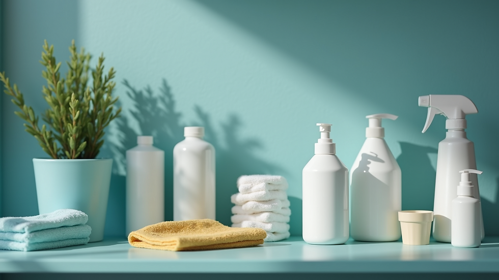 Close-up view of cleaning supplies arranged neatly on a shelf