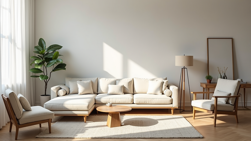 Wide angle view of a bright and tidy living room with minimal decor