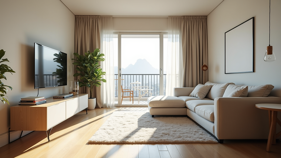 Eye-level view of a freshly cleaned and organized vacation rental living room
