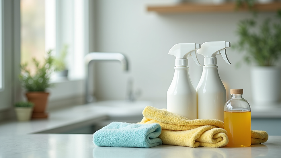 Close-up view of cleaning supplies arranged neatly on a countertop