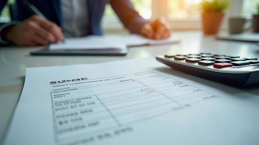 High angle view of a calculator and cleaning invoice on a table