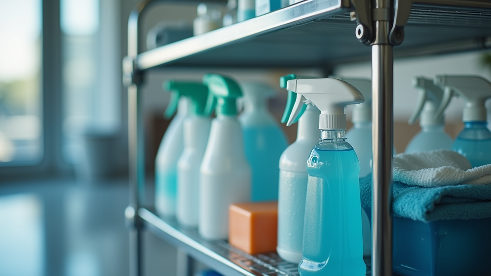 Close-up view of cleaning supplies and equipment on a cart