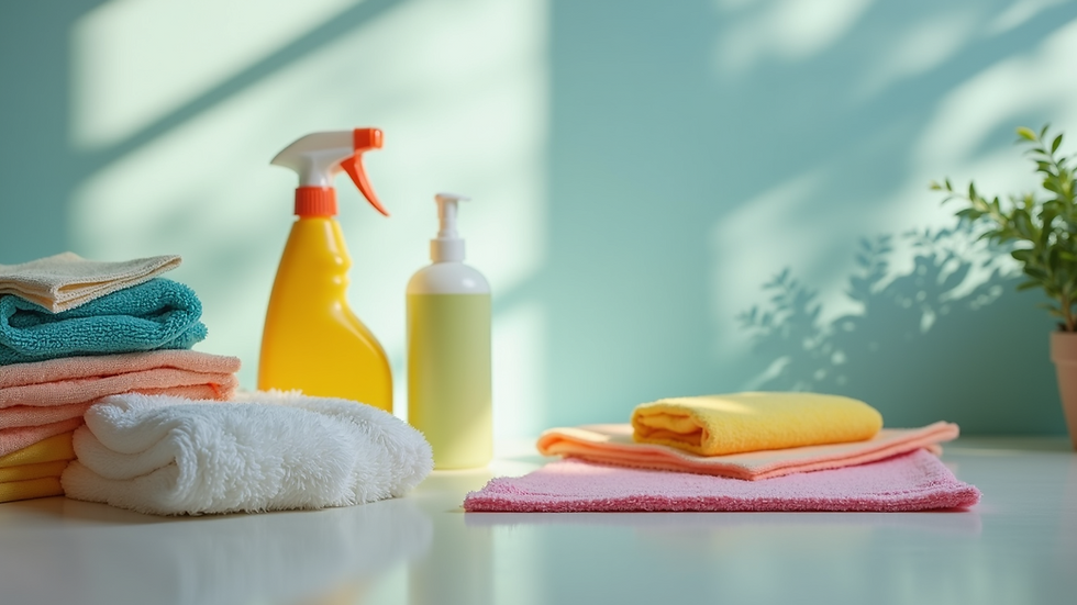 Eye-level view of cleaning supplies neatly arranged