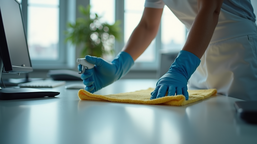 Close-up view of a professional cleaner disinfecting an office desk