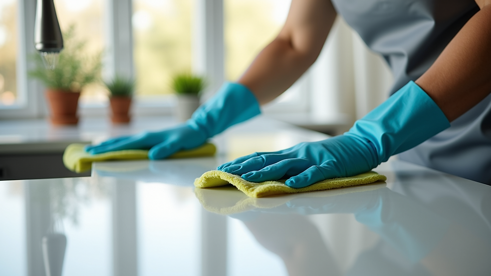 Close-up view of a cleaner wiping a kitchen countertop with a microfiber cloth