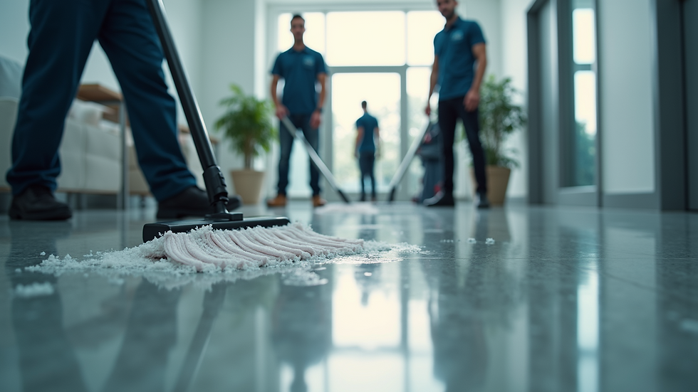 Eye-level view of a professional cleaning team at work