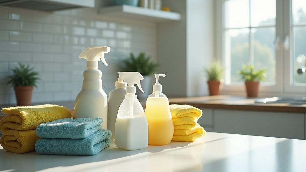 High angle view of cleaning supplies arranged on a countertop