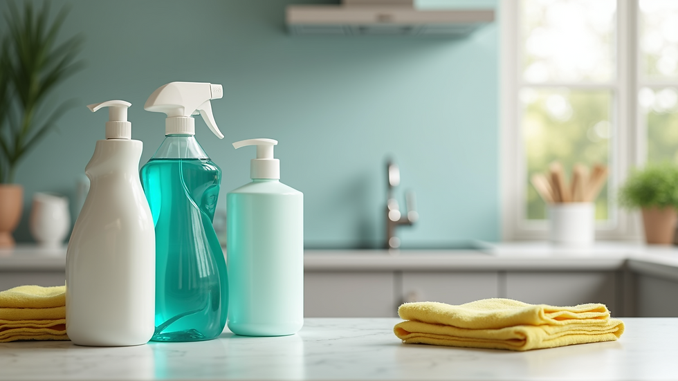 Close-up view of cleaning supplies arranged on a countertop ready for use
