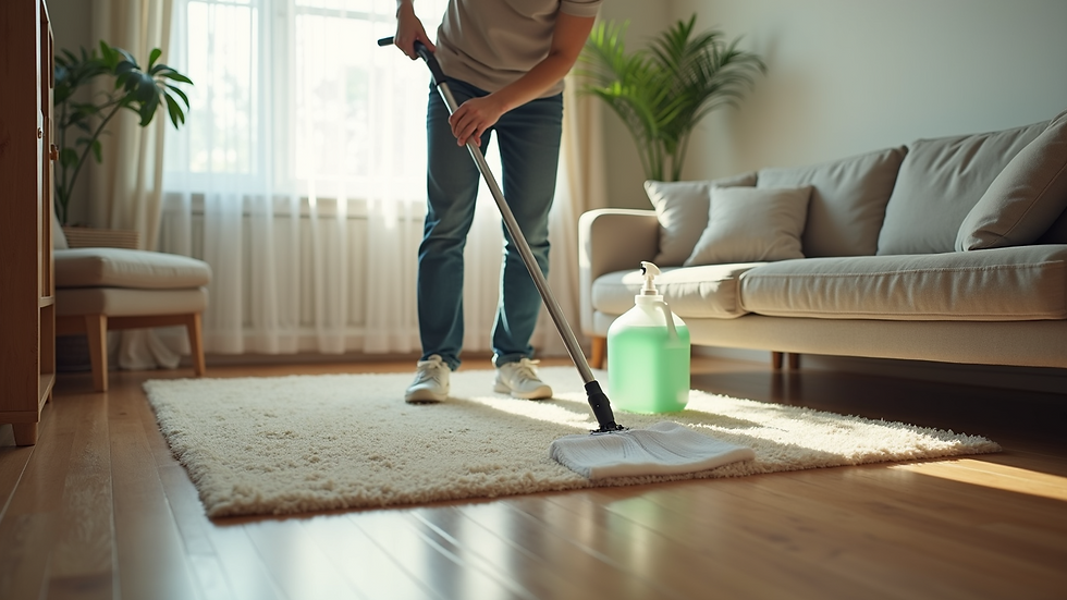 High angle view of a professional cleaner using eco-friendly products in a living room