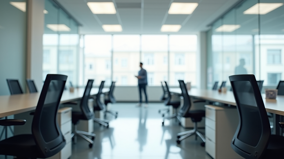 Eye-level view of a clean office space with desks and chairs