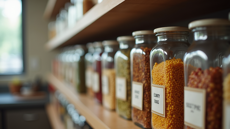 Close-up view of labeled kitchen pantry shelves with organized food containers