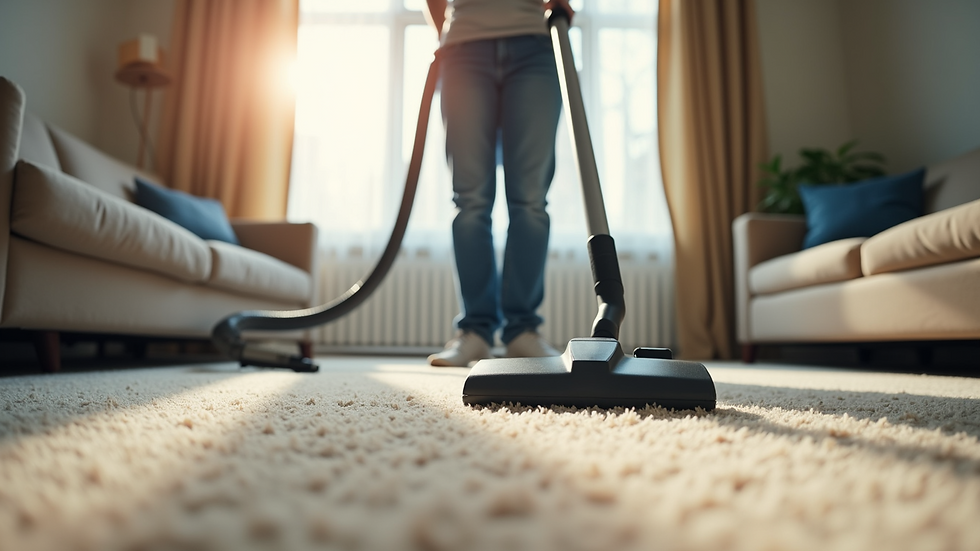 Eye-level view of a professional cleaner vacuuming a living room carpet