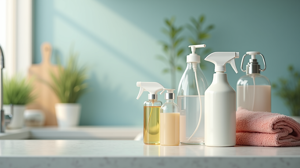 Close-up view of cleaning supplies arranged neatly on a countertop