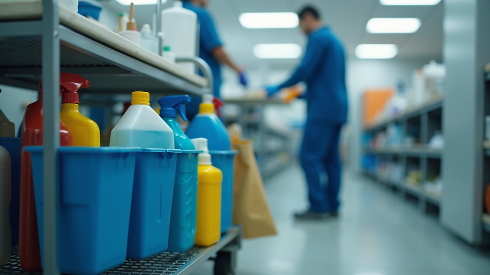Close-up view of cleaning equipment and supplies on a cart