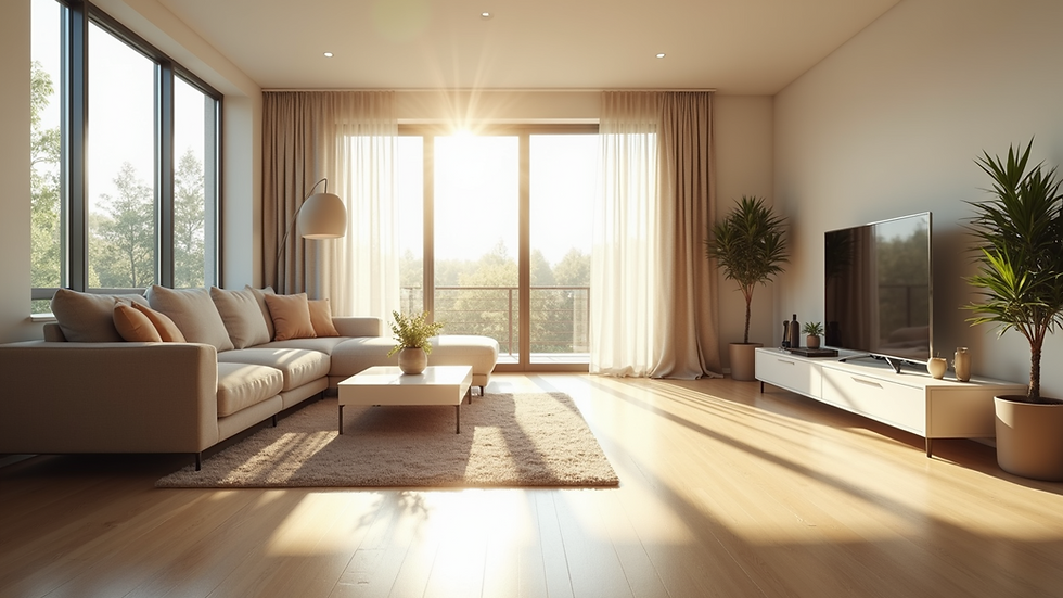 Eye-level view of a sparkling clean modern living room with sunlight streaming through windows