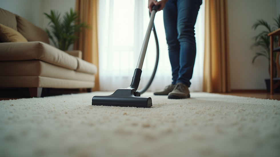 Eye-level view of a professional cleaner vacuuming a living room carpet